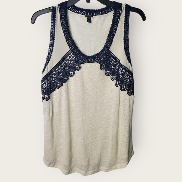 J. Crew Linen Tank Top Cream Navy Lace Size Small - Picture 2 of 8